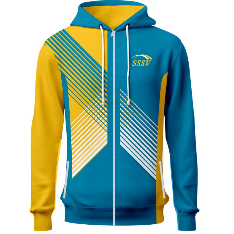 a bright turquoise and yellow sublimated hoodie with a full length zip